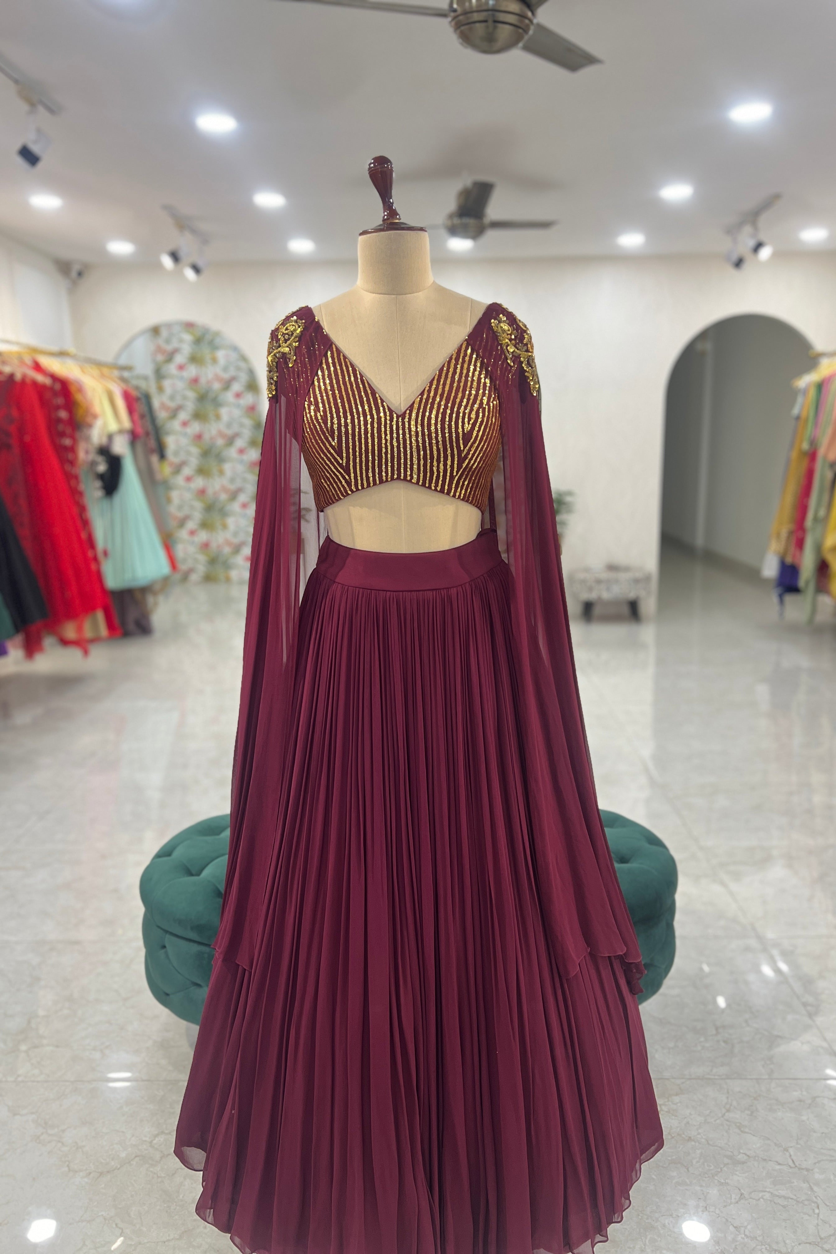 Wine Drape Sleeve Lehenga